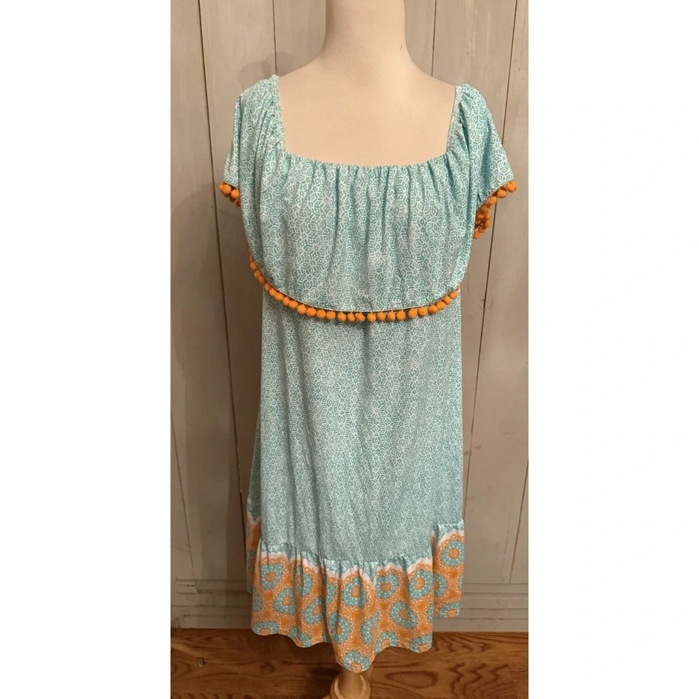 CABANA LIFE XL Coral and Teal Off Shoulder‎ Tassel Coverluxe Dress New